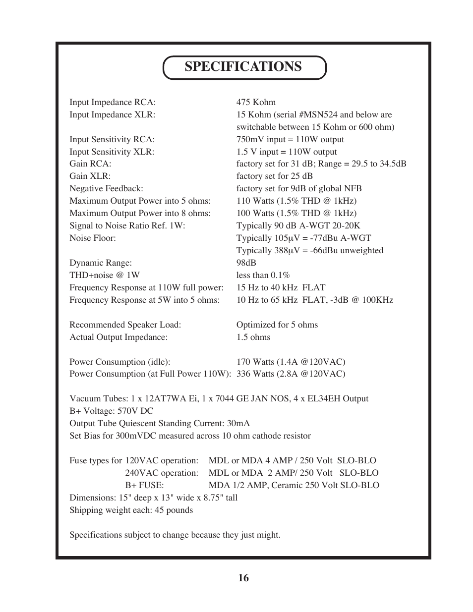 Specifications | Manley SNAPPER User Manual | Page 16 / 16