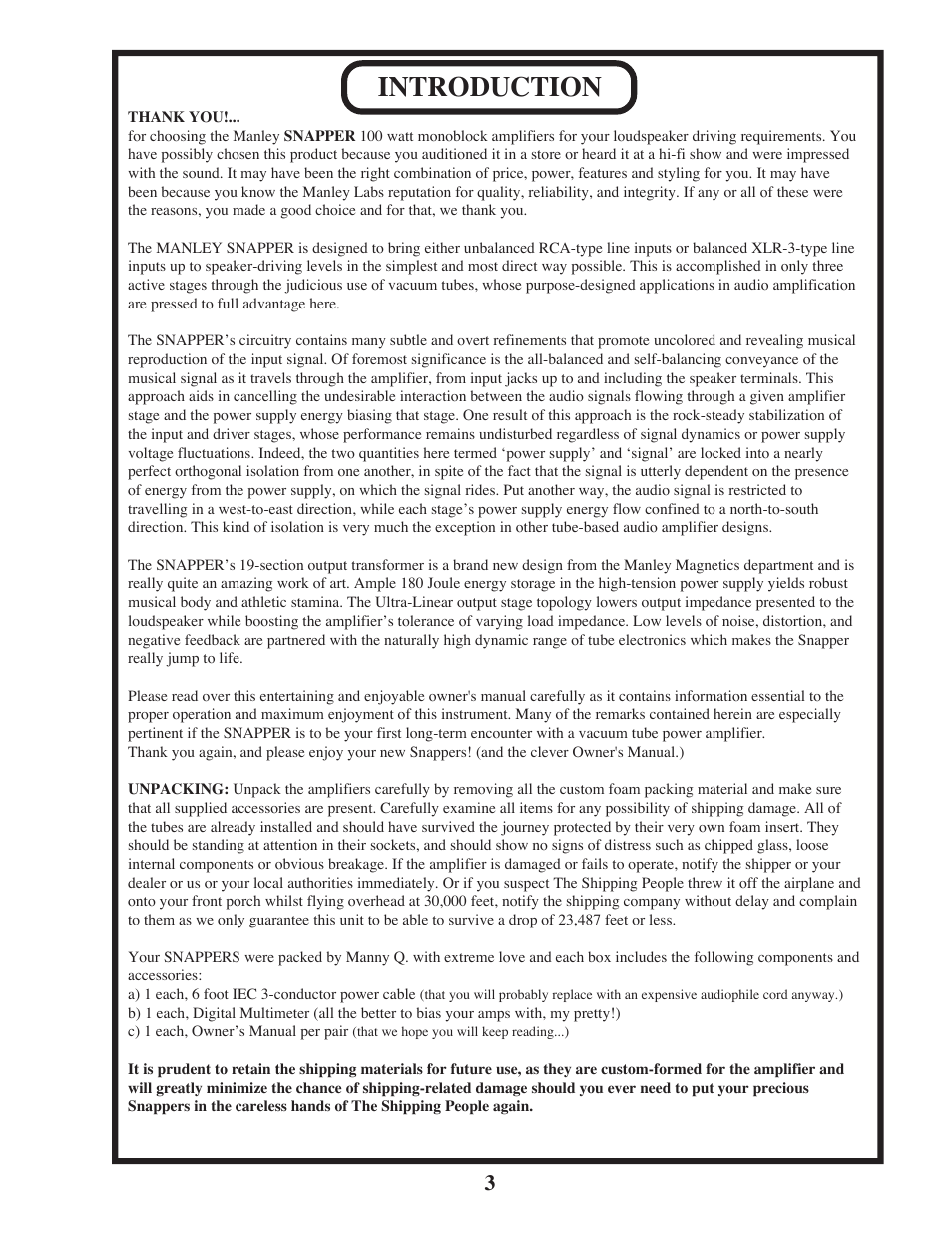 Introduction | Manley SNAPPER User Manual | Page 3 / 16