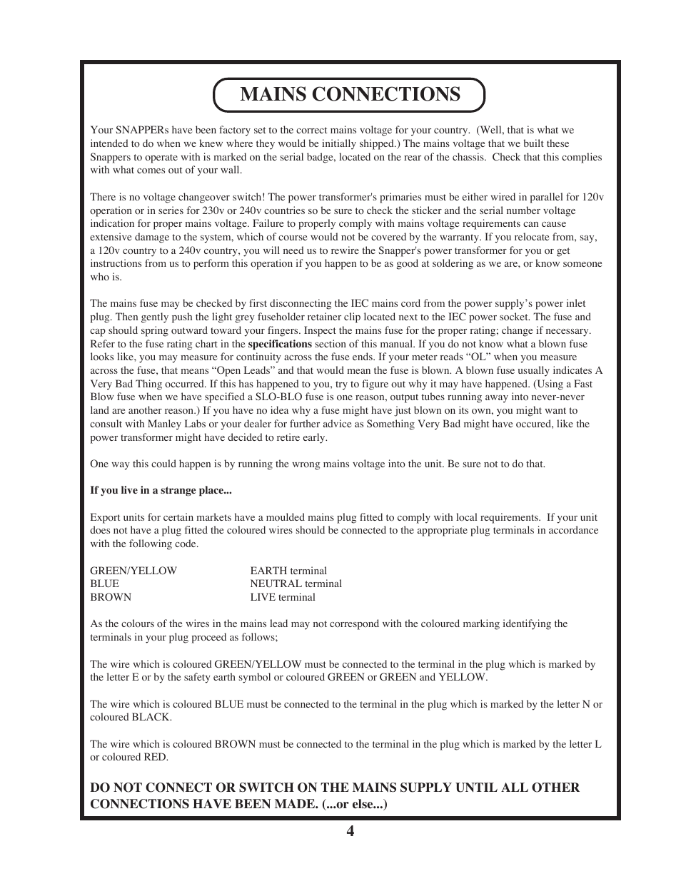 Mains connections | Manley SNAPPER User Manual | Page 4 / 16