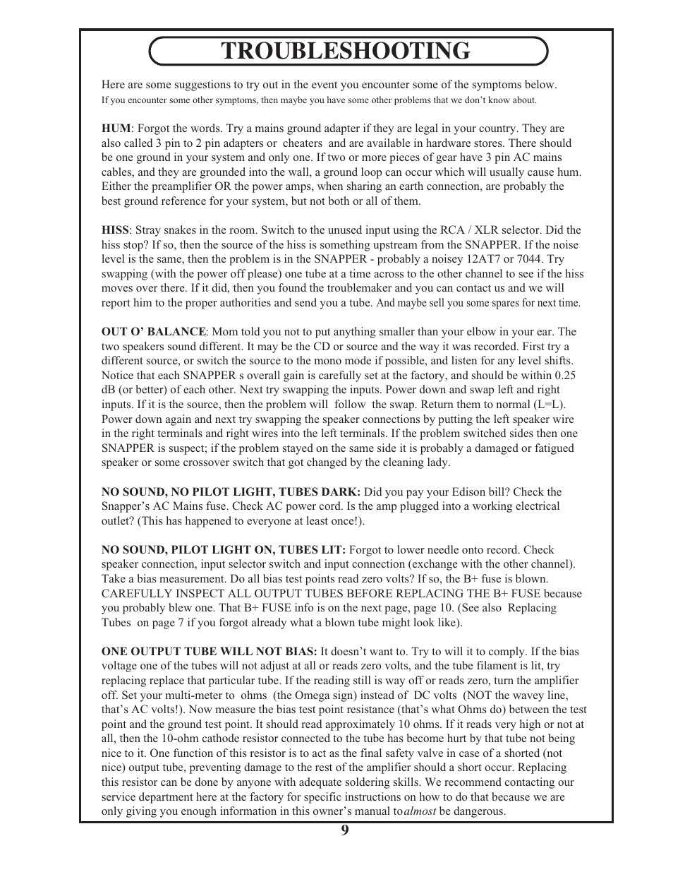 Troubleshooting | Manley SNAPPER User Manual | Page 9 / 16