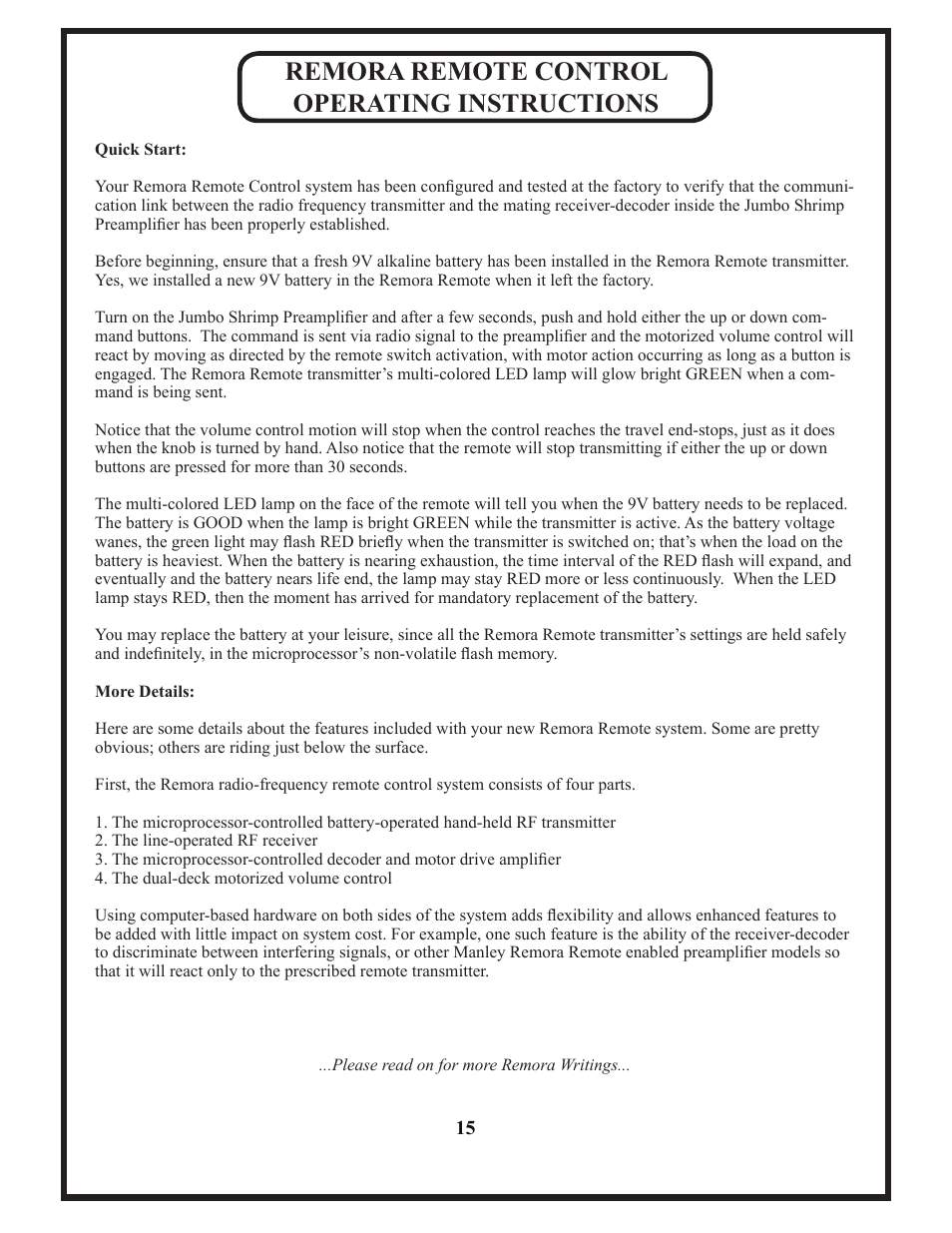Remora remote control operating instructions | Manley JUMBO SHRIMP User Manual | Page 15 / 19