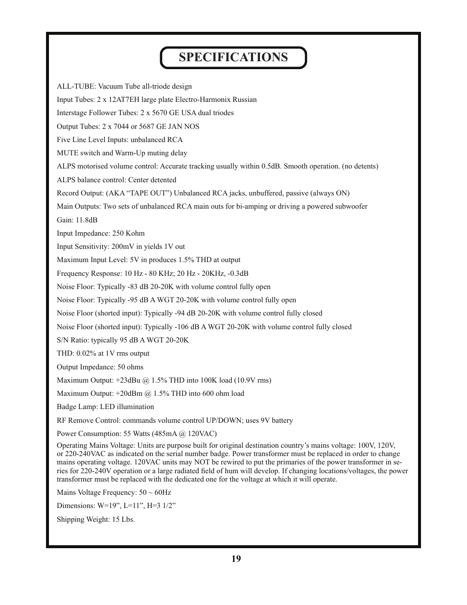 Specifications | Manley JUMBO SHRIMP User Manual | Page 19 / 19