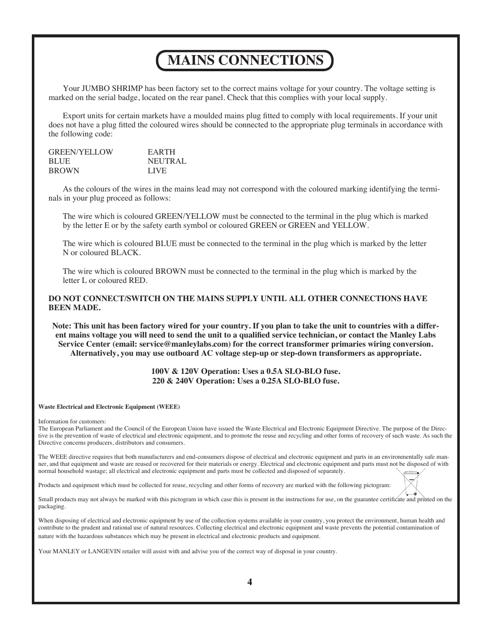 Mains connections | Manley JUMBO SHRIMP User Manual | Page 4 / 19