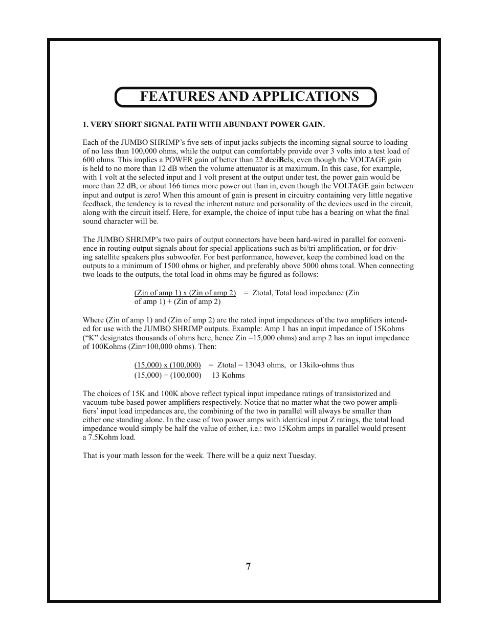 Features and applications | Manley JUMBO SHRIMP User Manual | Page 7 / 19