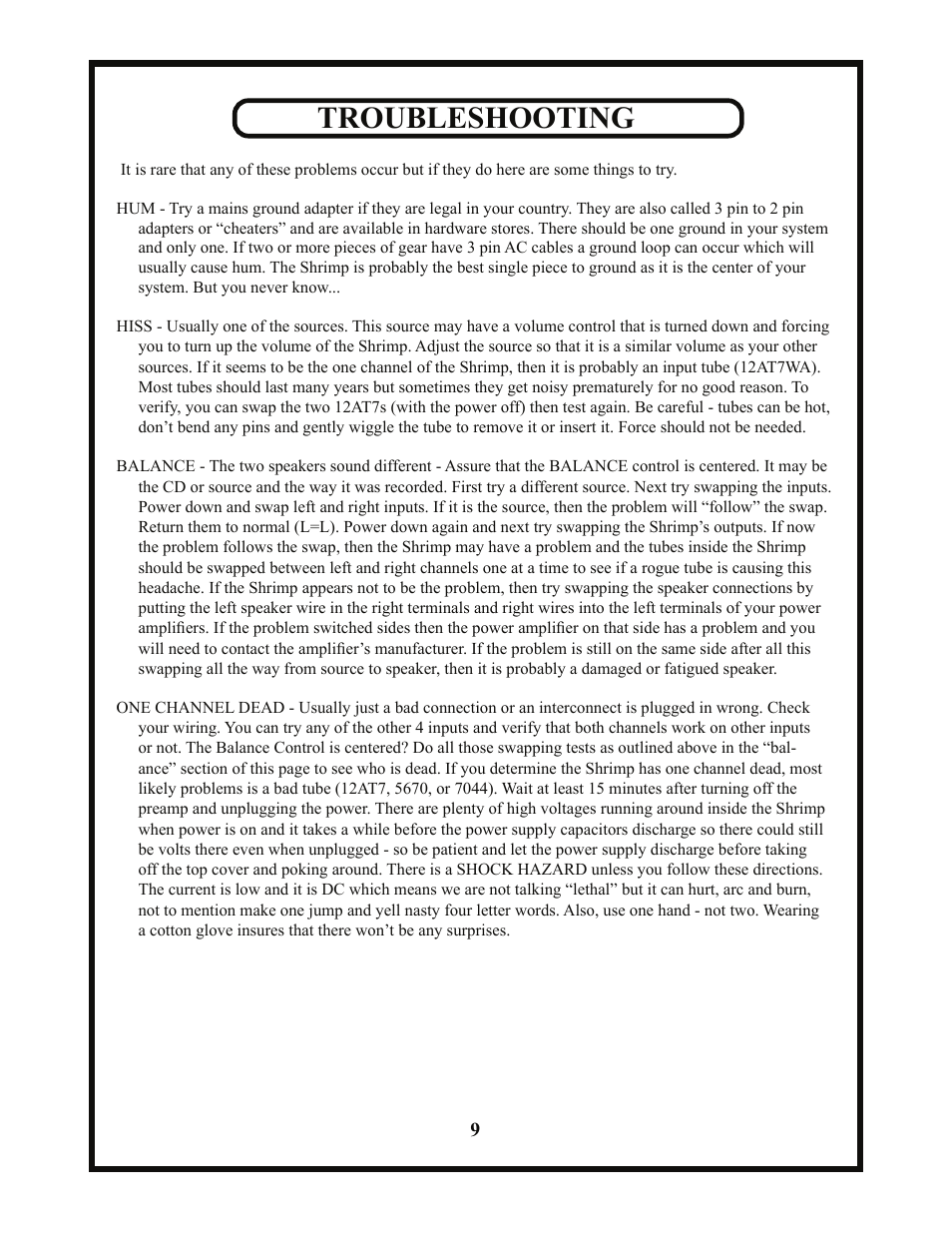 Troubleshooting | Manley JUMBO SHRIMP User Manual | Page 9 / 19