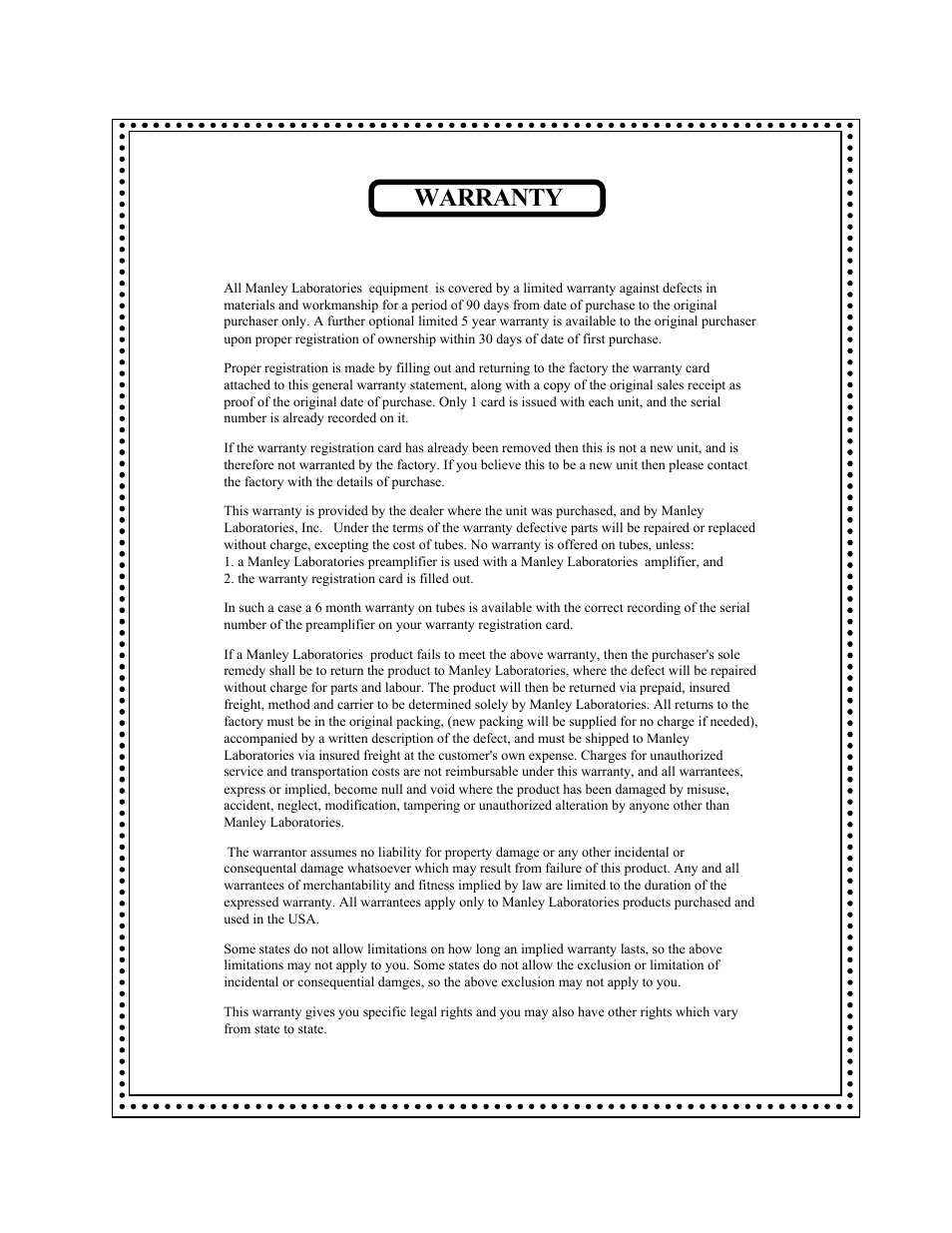 Warranty | Manley STEELHEAD Version 1 User Manual | Page 15 / 16