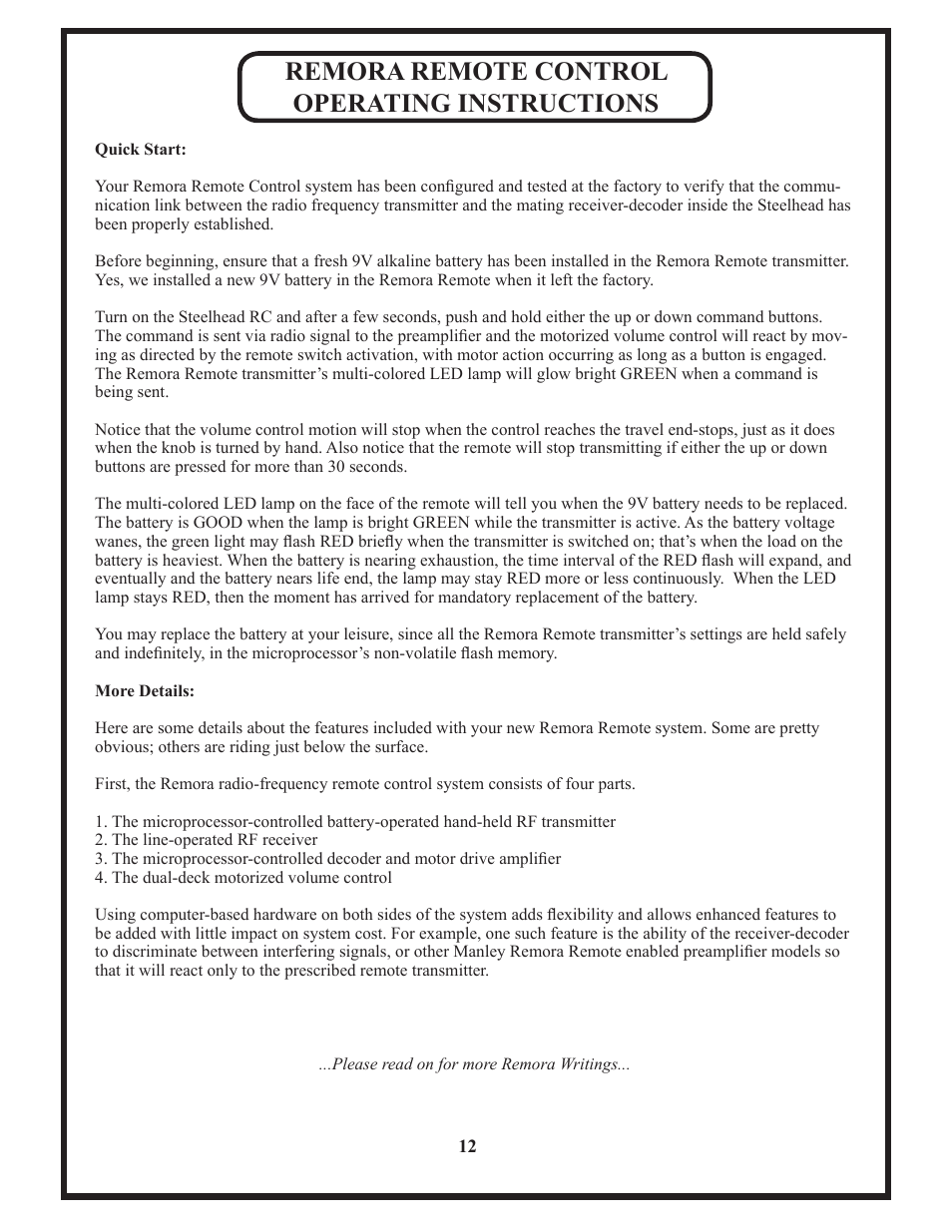 Remora remote control operating instructions | Manley STEELHEAD RC User Manual | Page 12 / 19