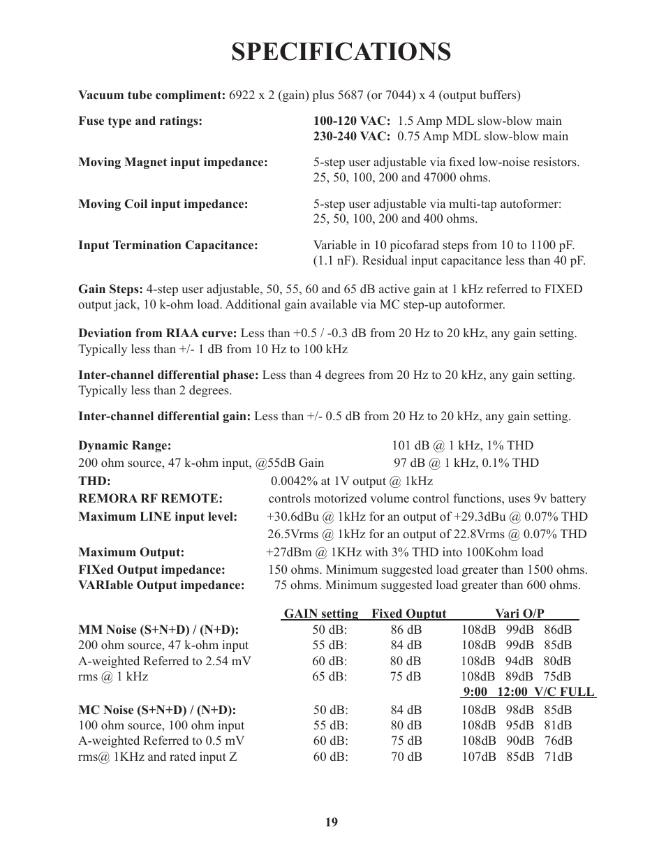 Specifications | Manley STEELHEAD RC User Manual | Page 19 / 19