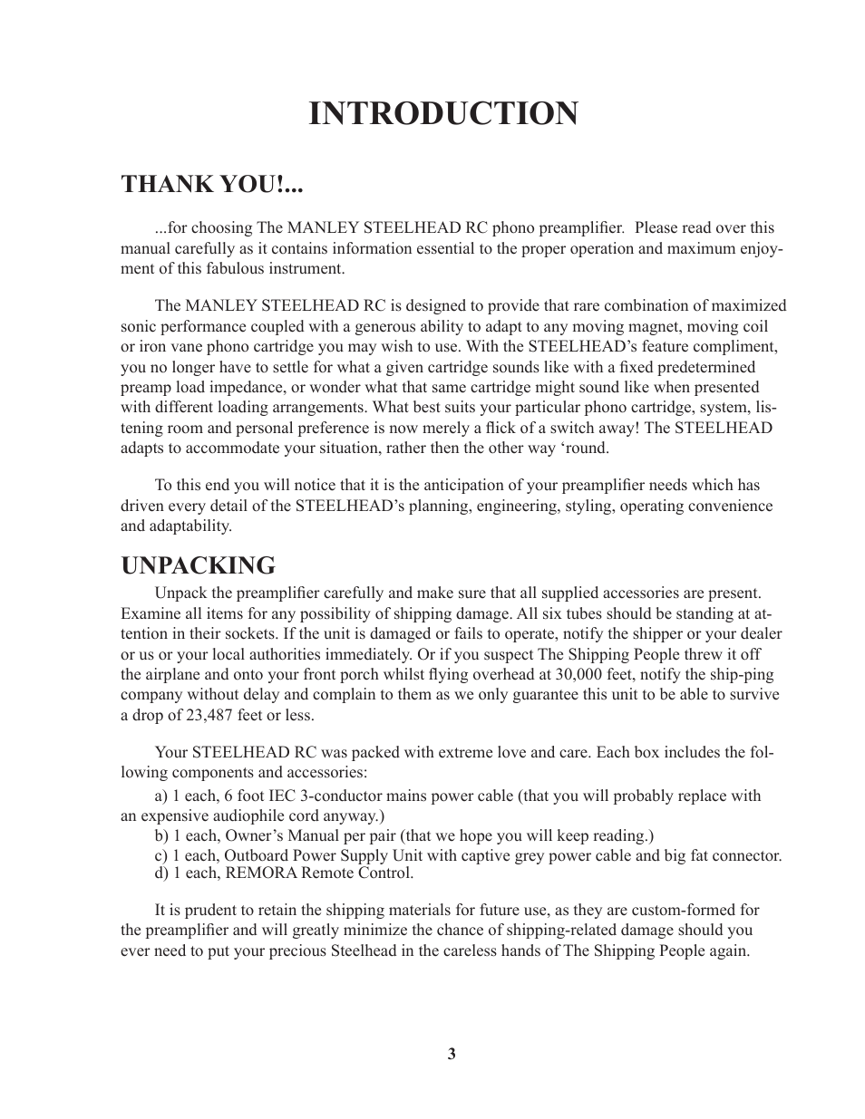 Introduction, Unpacking | Manley STEELHEAD RC User Manual | Page 3 / 19