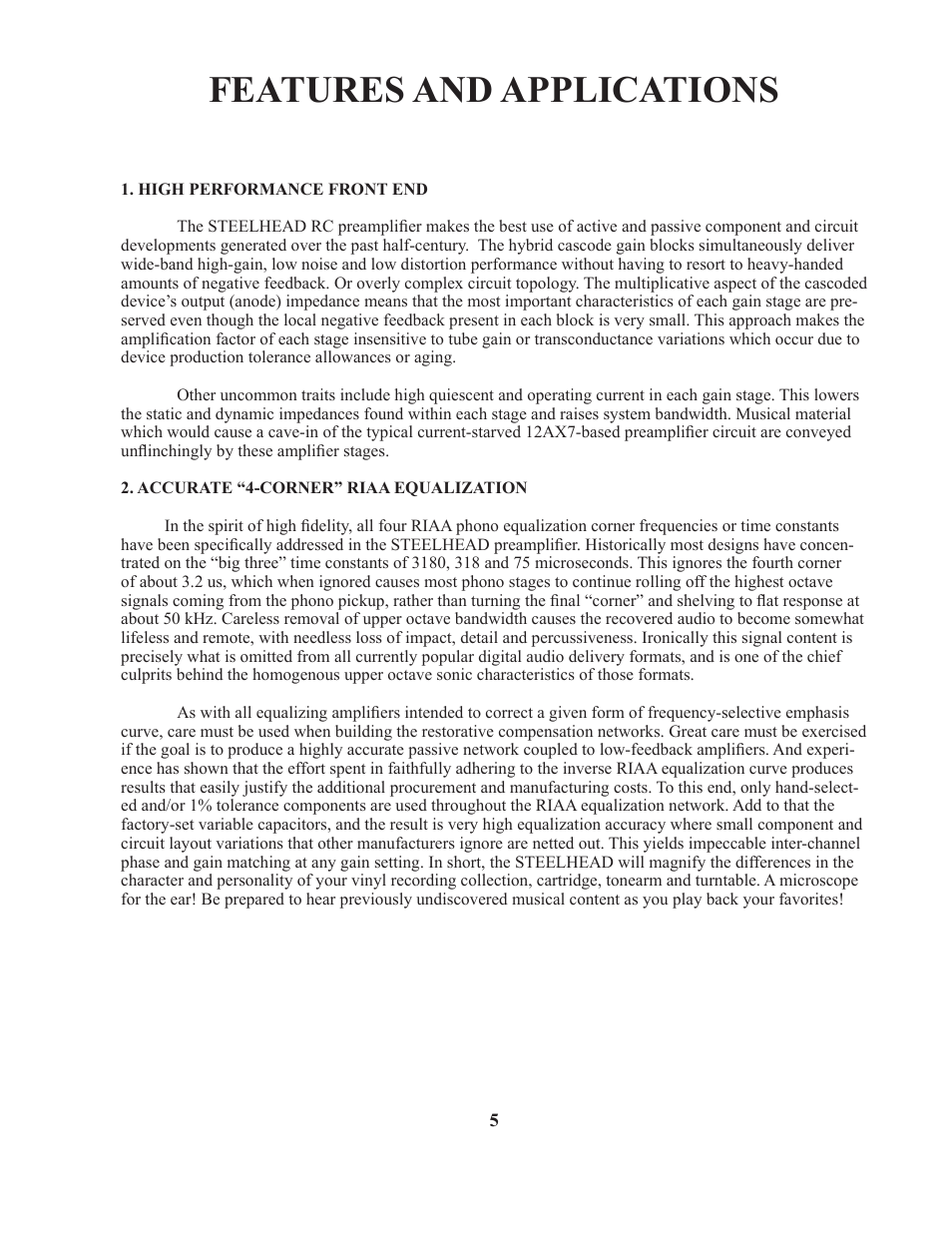 Features and applications | Manley STEELHEAD RC User Manual | Page 5 / 19