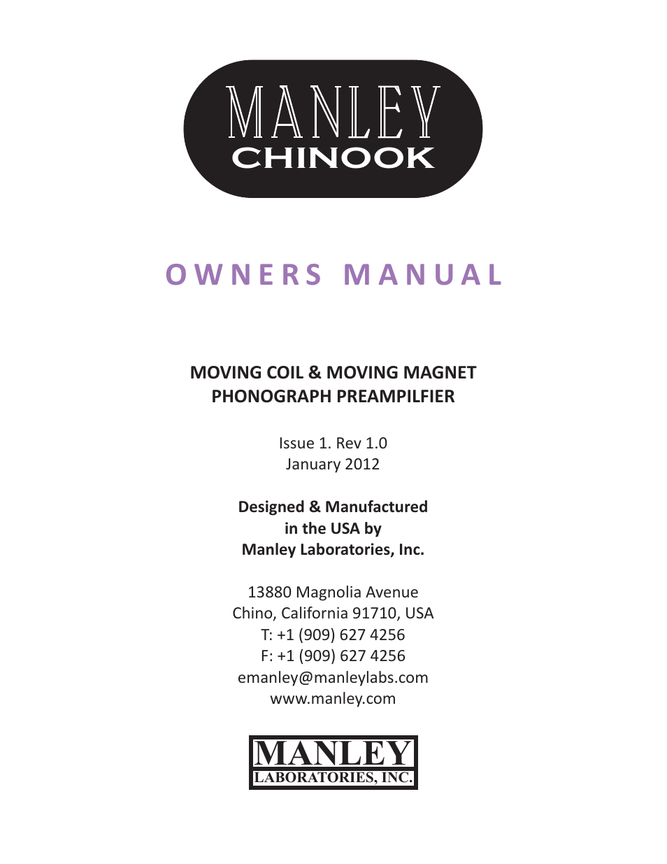 Manley MOVING COIL & MOVING MAGNET PHONOGRAPH PREAMPILFIER User Manual | 13 pages