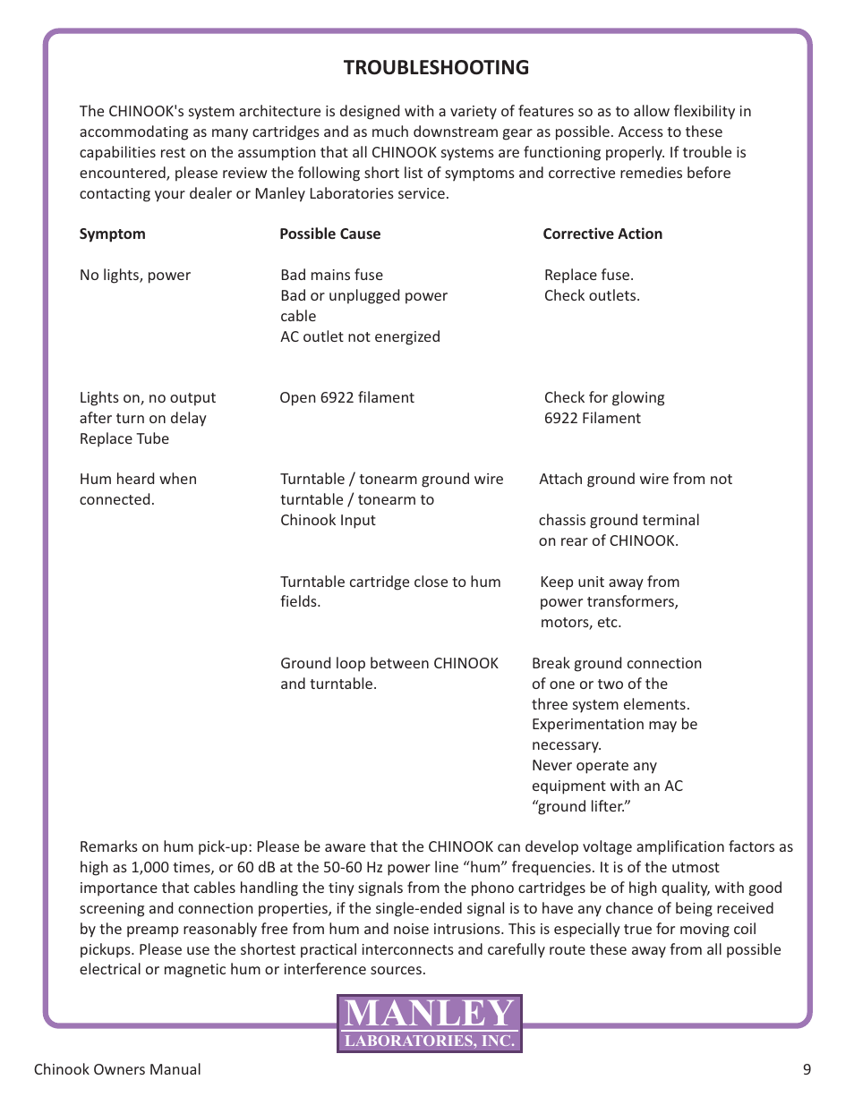 Manley, Troubleshooting | Manley MOVING COIL & MOVING MAGNET PHONOGRAPH PREAMPILFIER User Manual | Page 11 / 13
