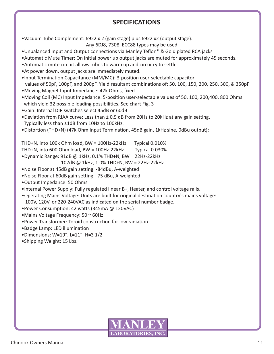 Manley, Specifications | Manley MOVING COIL & MOVING MAGNET PHONOGRAPH PREAMPILFIER User Manual | Page 13 / 13