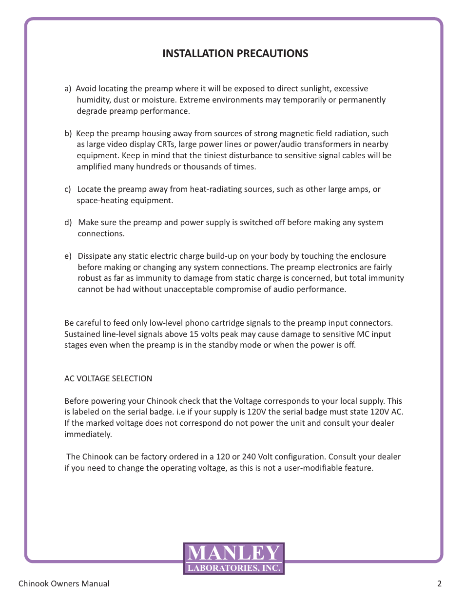 Manley, Installation precautions | Manley MOVING COIL & MOVING MAGNET PHONOGRAPH PREAMPILFIER User Manual | Page 4 / 13