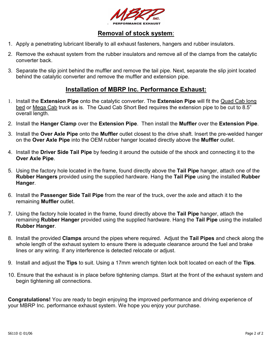 Removal of stock system, Installation of mbrp inc. performance exhaust | MBRP S6110 User Manual | Page 2 / 2