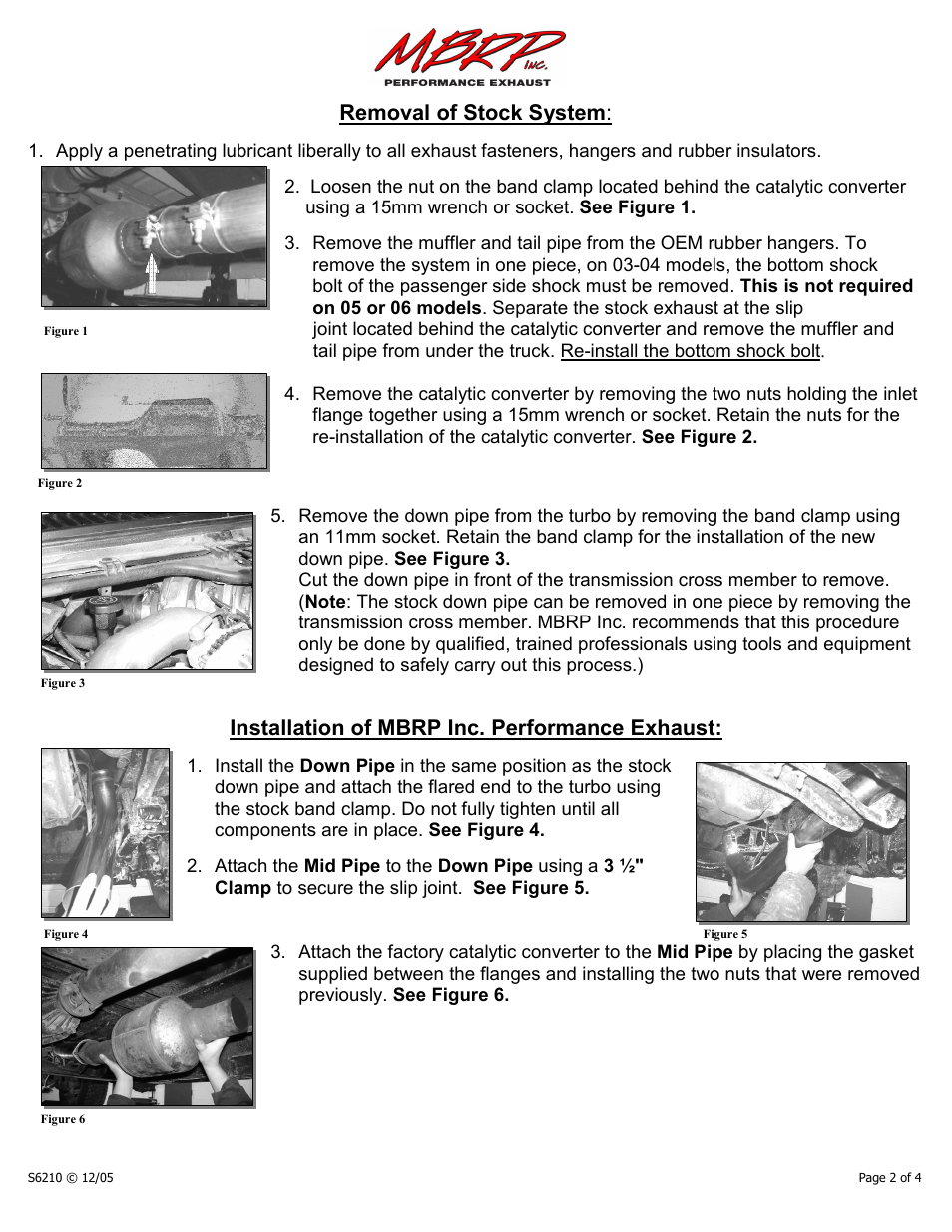 Removal of stock system, Installation of mbrp inc. performance exhaust | MBRP S6210 User Manual | Page 2 / 4