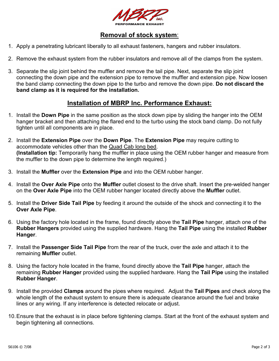 Removal of stock system, Installation of mbrp inc. performance exhaust | MBRP S6106 User Manual | Page 2 / 3