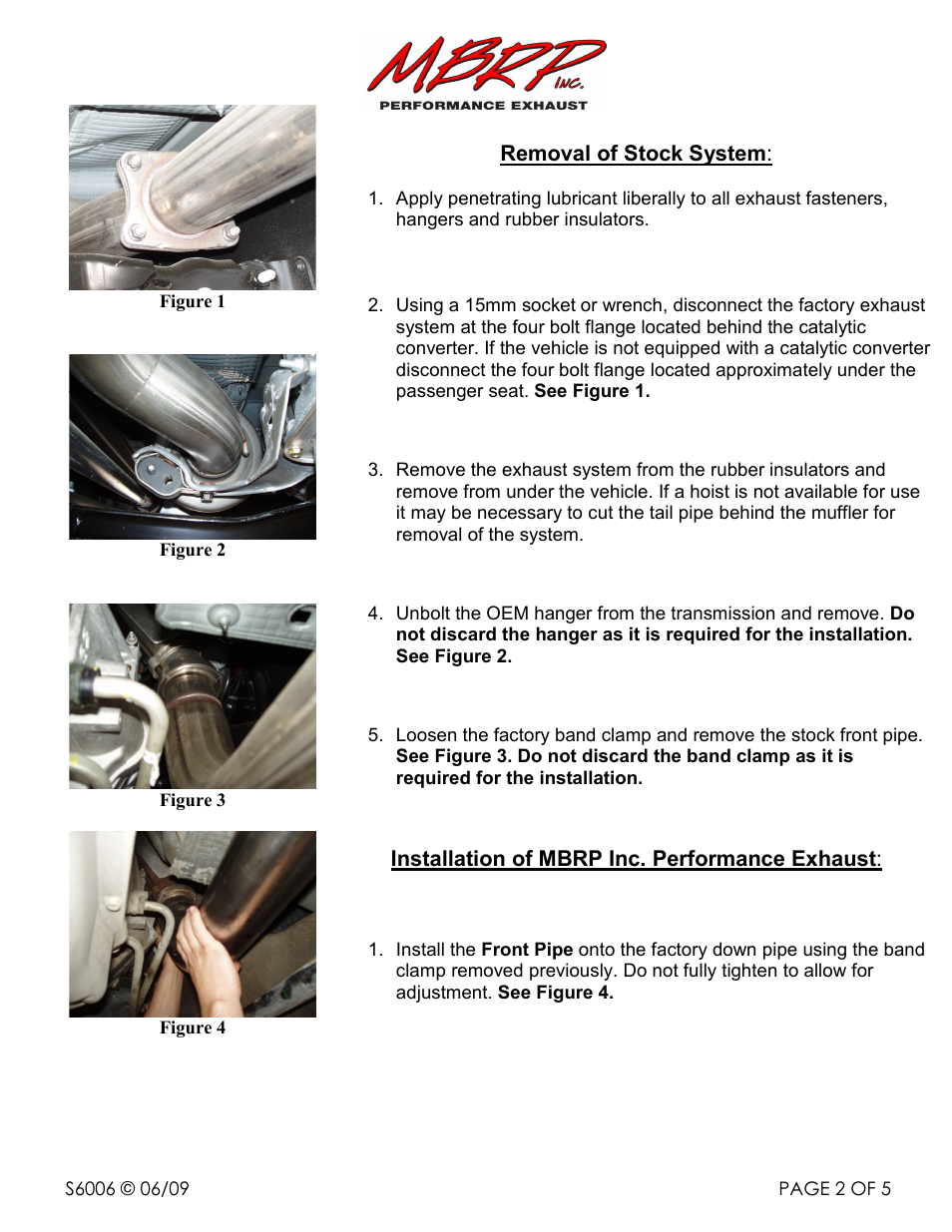 Removal of stock system, Installation of mbrp inc. performance exhaust | MBRP S6006 User Manual | Page 2 / 5