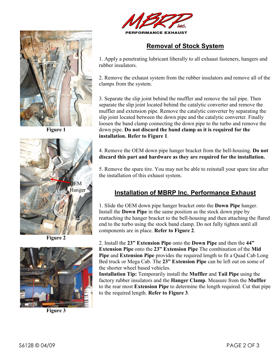 Removal of stock system, Installation of mbrp inc. performance exhaust | MBRP S6128 User Manual | Page 2 / 3