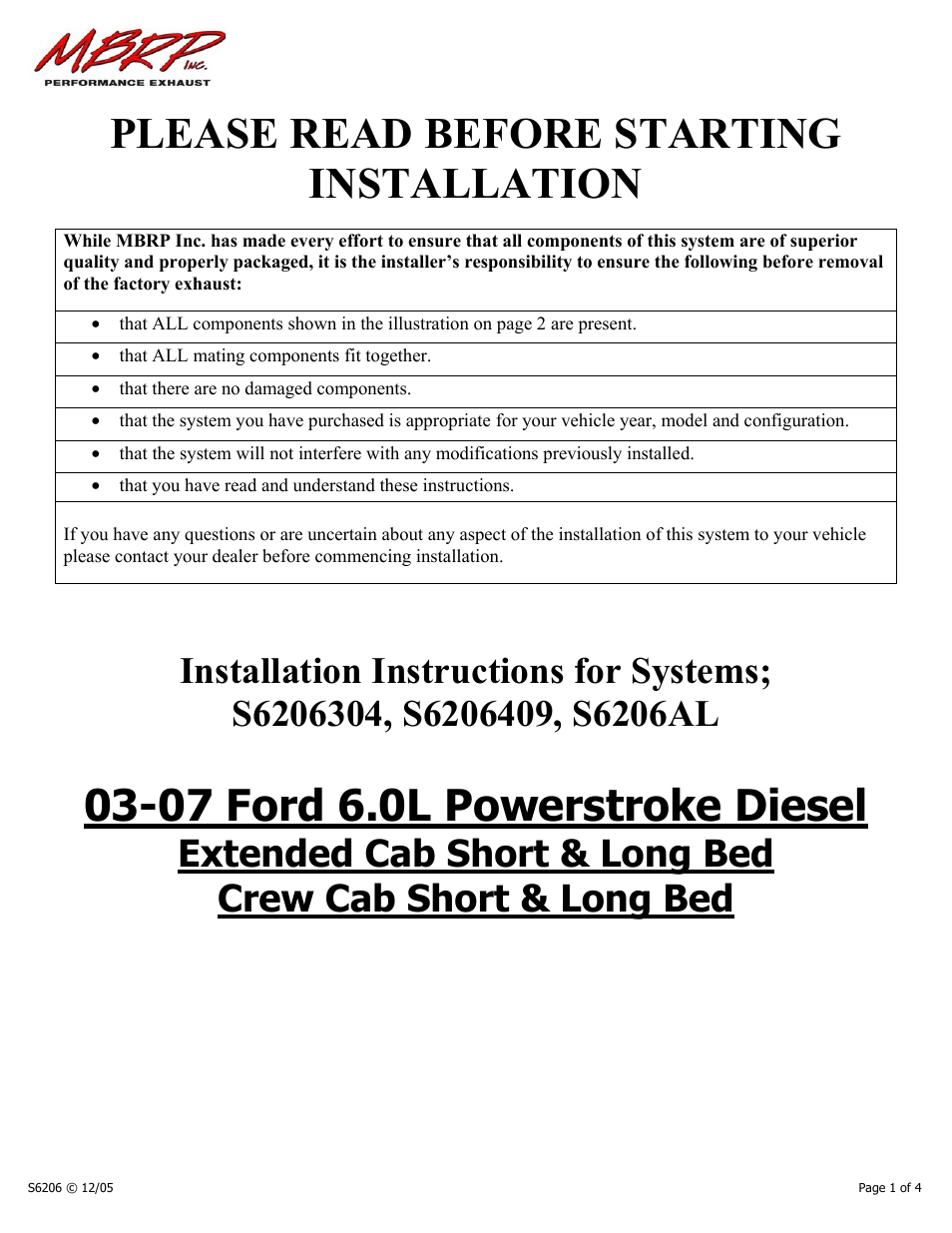 MBRP S6206 User Manual | 4 pages