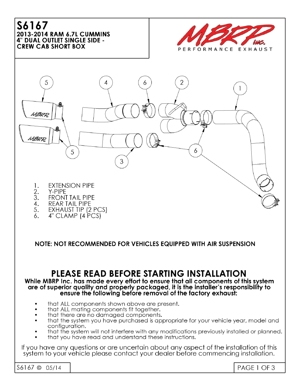 MBRP S6167 User Manual | 3 pages