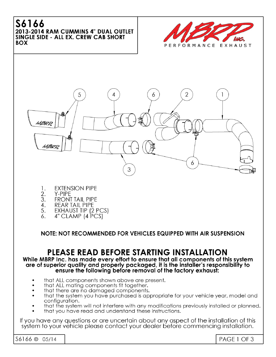 MBRP S6166 User Manual | 3 pages