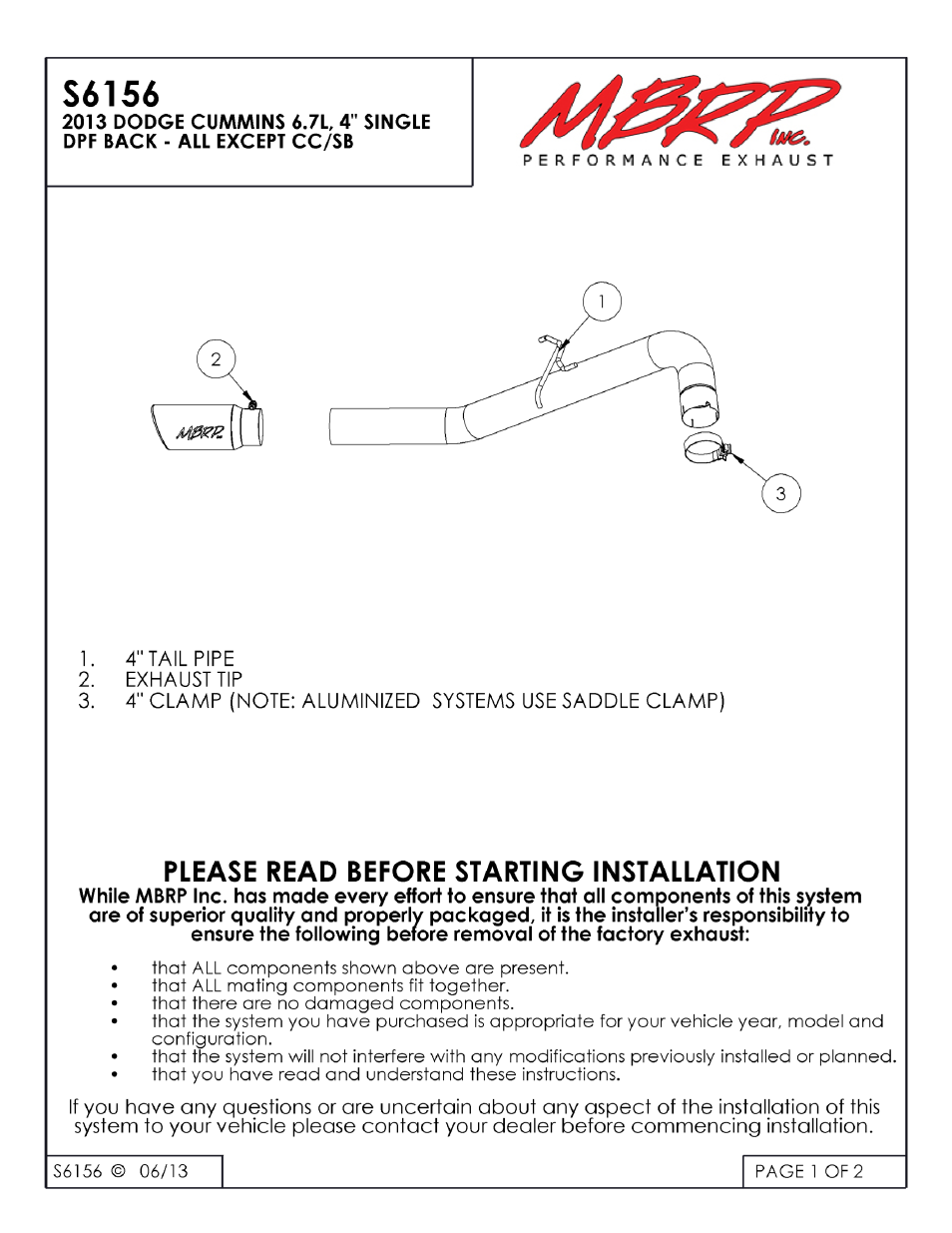 MBRP S6156 User Manual | 2 pages