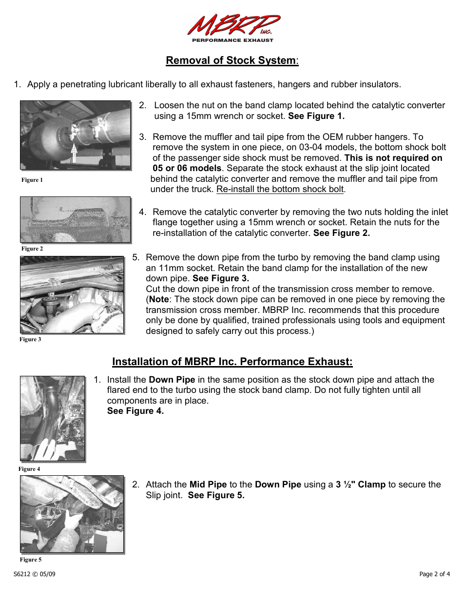 Removal of stock system, Installation of mbrp inc. performance exhaust | MBRP S6212 User Manual | Page 2 / 4