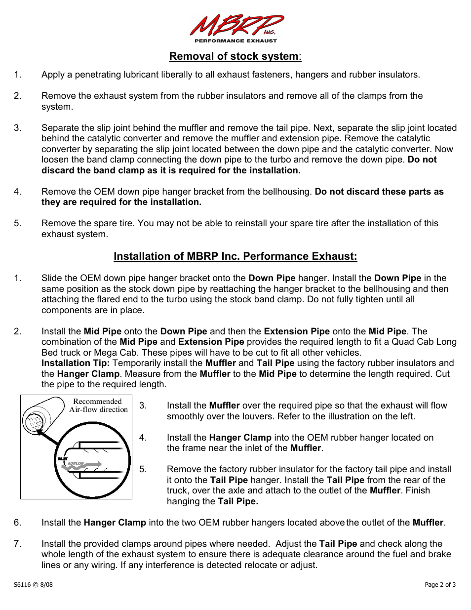 Removal of stock system, Installation of mbrp inc. performance exhaust | MBRP S6116 User Manual | Page 2 / 3