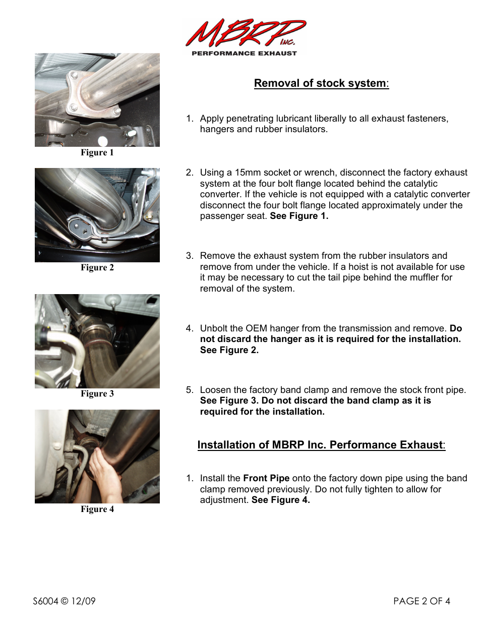 Removal of stock system, Installation of mbrp inc. performance exhaust | MBRP S6004 User Manual | Page 2 / 4