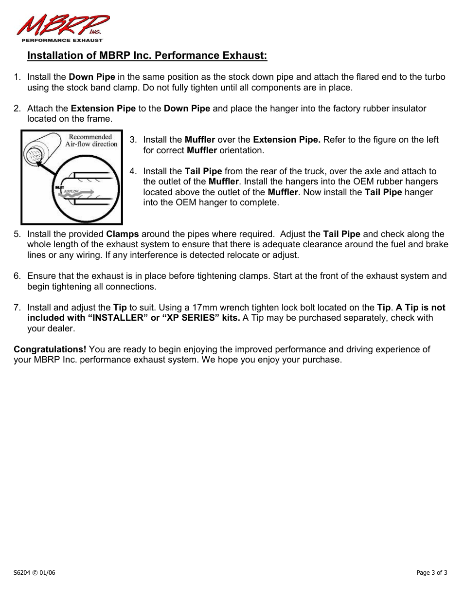 Installation of mbrp inc. performance exhaust | MBRP S6204 User Manual | Page 3 / 3