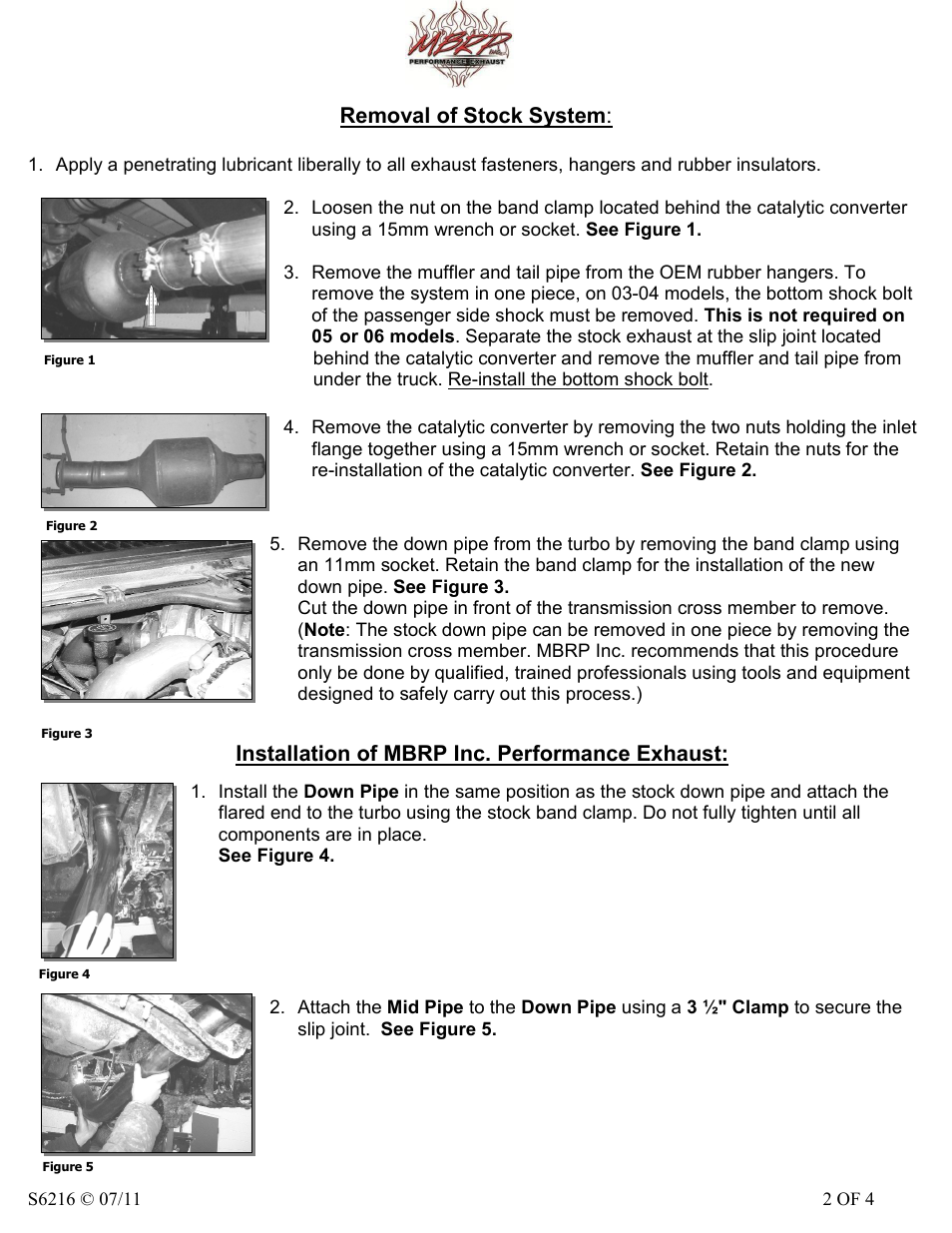 Removal of stock system, Installation of mbrp inc. performance exhaust | MBRP S6216 User Manual | Page 2 / 4