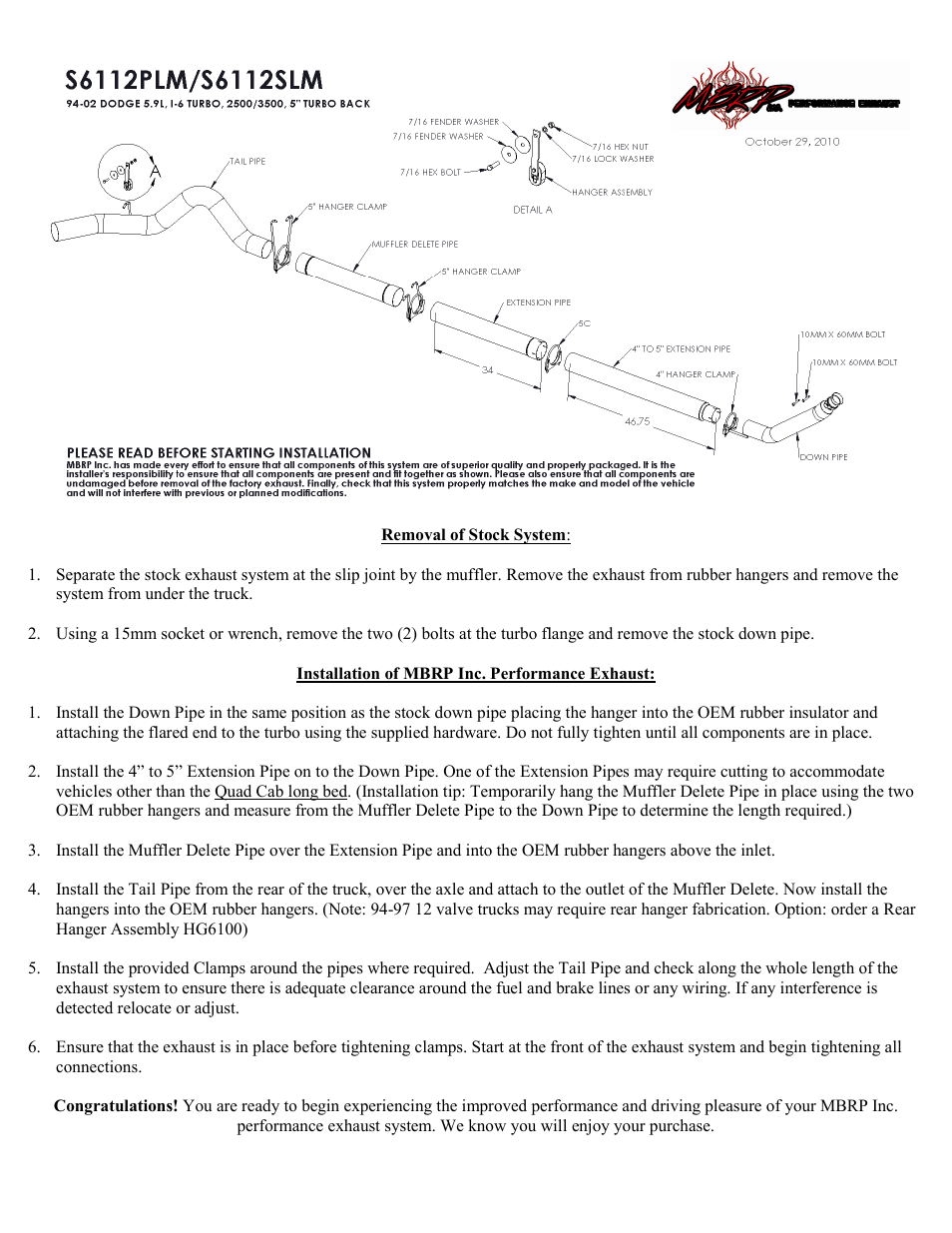 MBRP S6112SLM User Manual | 1 page