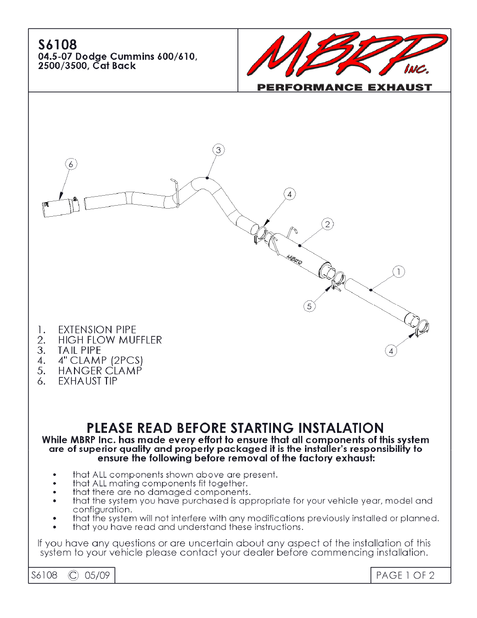 MBRP S6108 User Manual | 2 pages