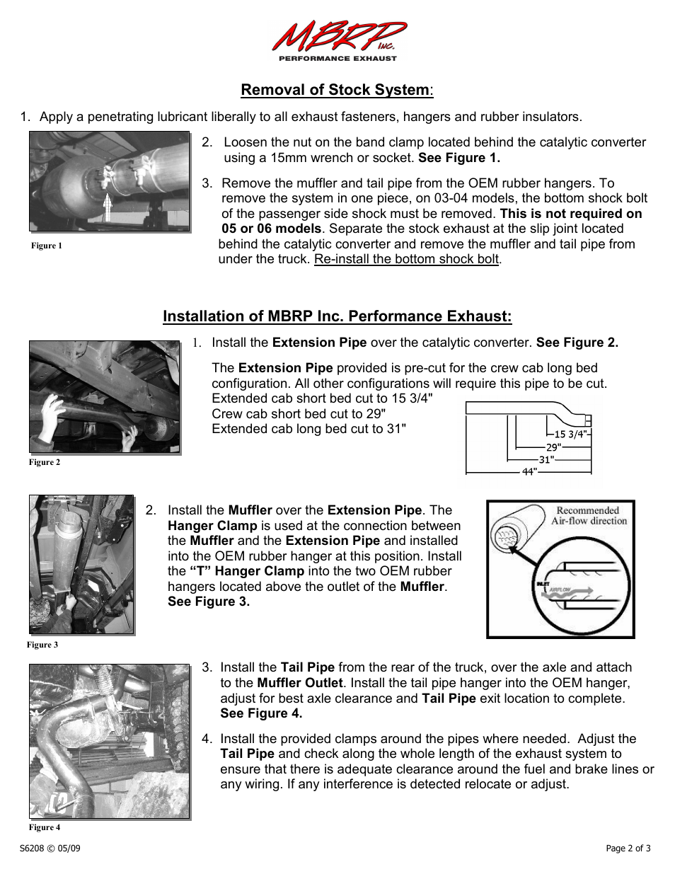 Removal of stock system, Installation of mbrp inc. performance exhaust | MBRP S6208 User Manual | Page 2 / 3