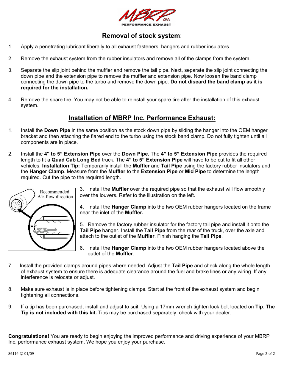 Removal of stock system, Installation of mbrp inc. performance exhaust | MBRP S6114 User Manual | Page 2 / 2