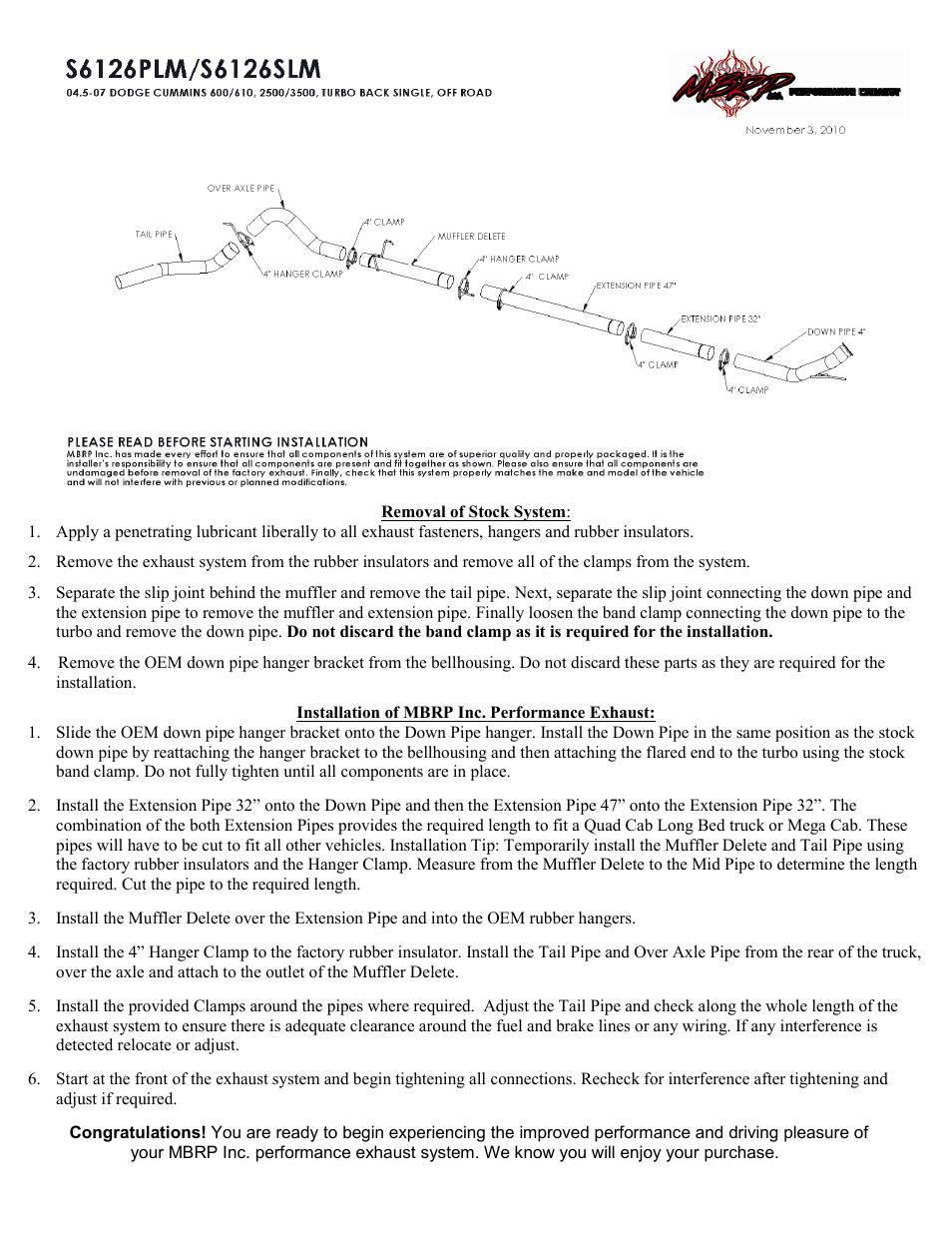 MBRP S6126SLM User Manual | 1 page