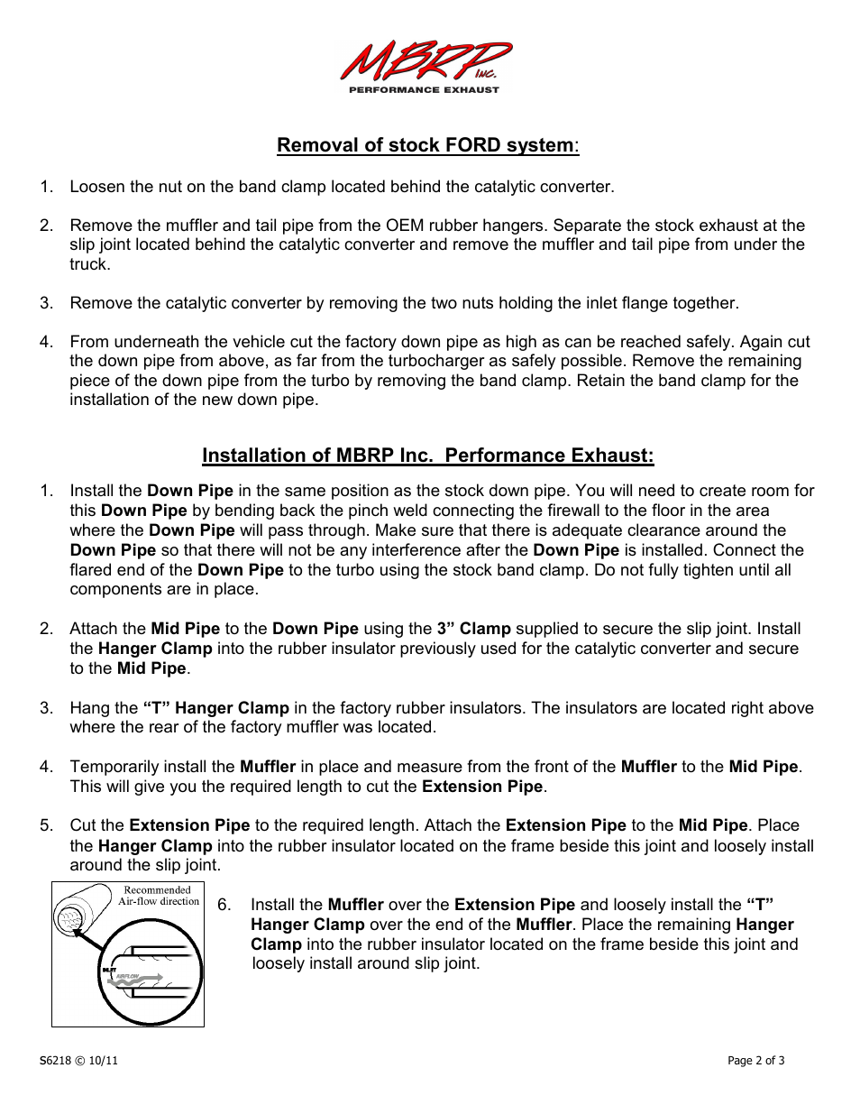 Removal of stock ford system, Installation of mbrp inc. performance exhaust | MBRP S6218 User Manual | Page 2 / 3