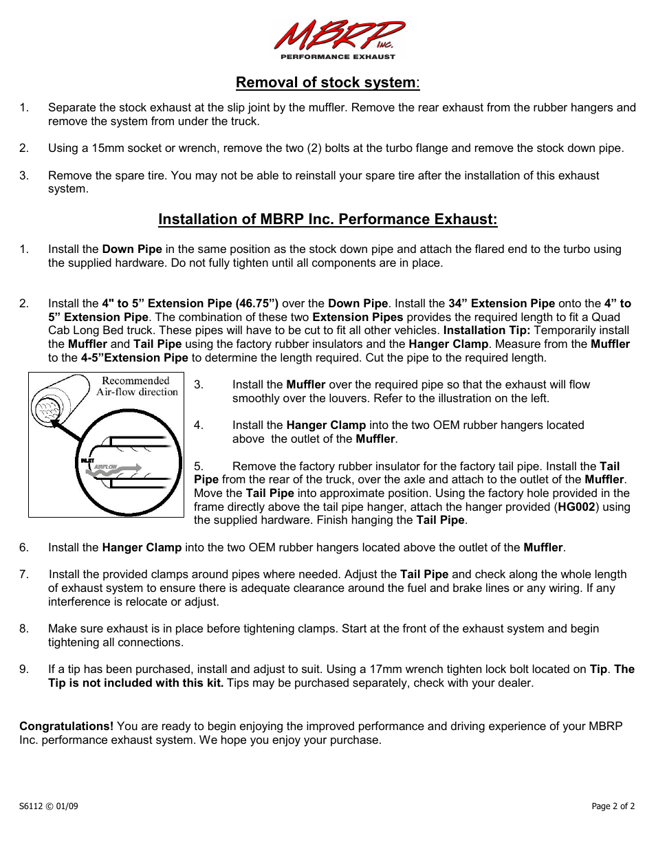 Removal of stock system, Installation of mbrp inc. performance exhaust | MBRP S6112 User Manual | Page 2 / 2
