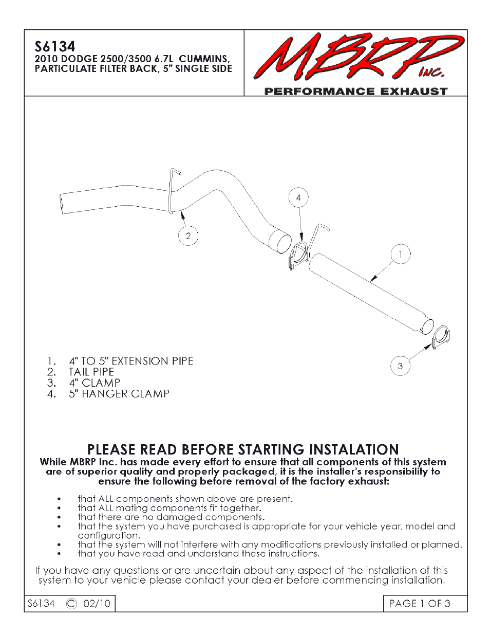 MBRP S6134 User Manual | 3 pages