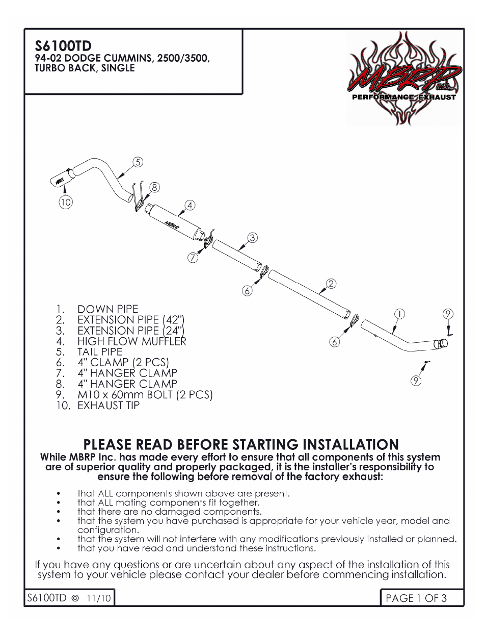 MBRP S6100TD User Manual | 3 pages