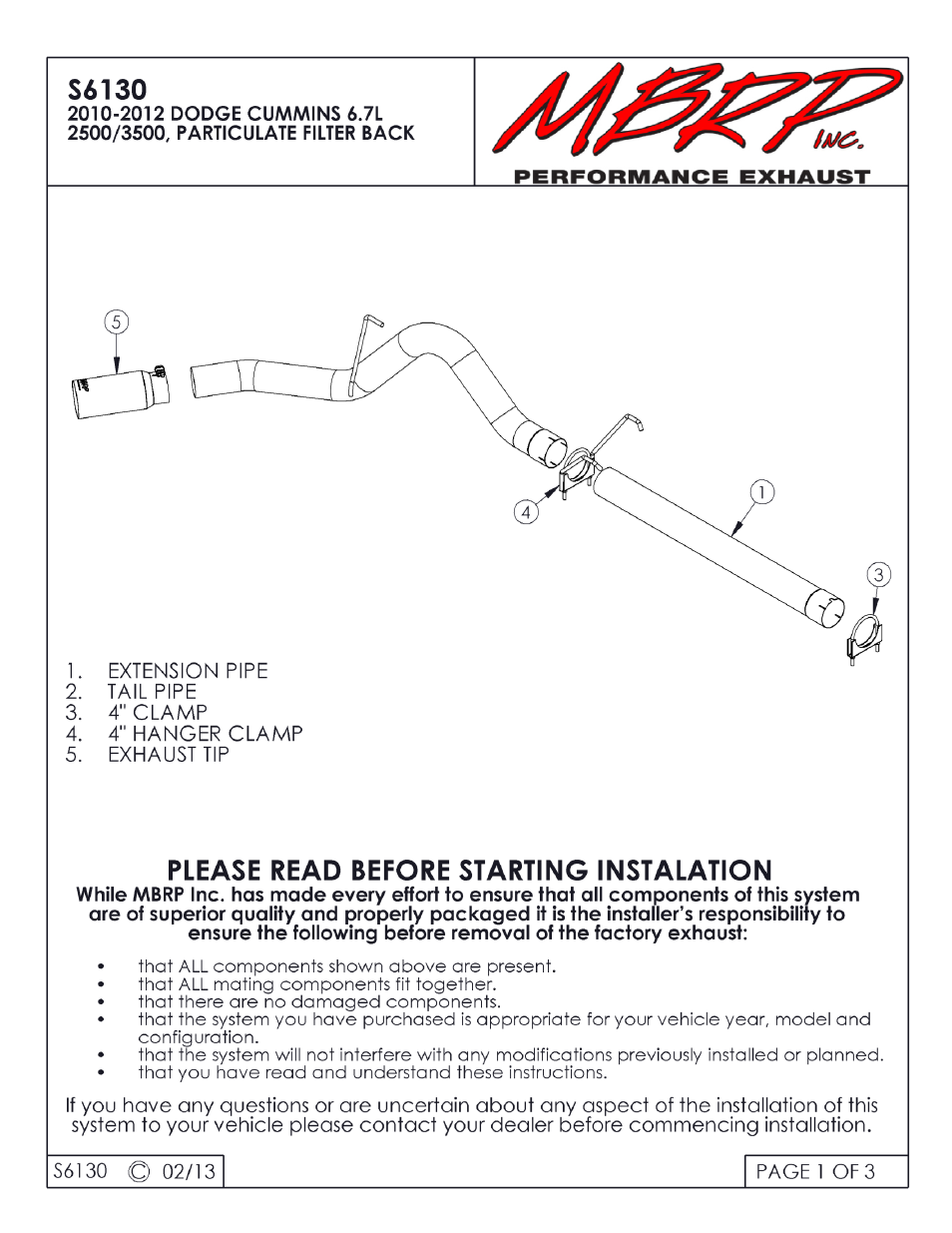 MBRP S6130 User Manual | 3 pages