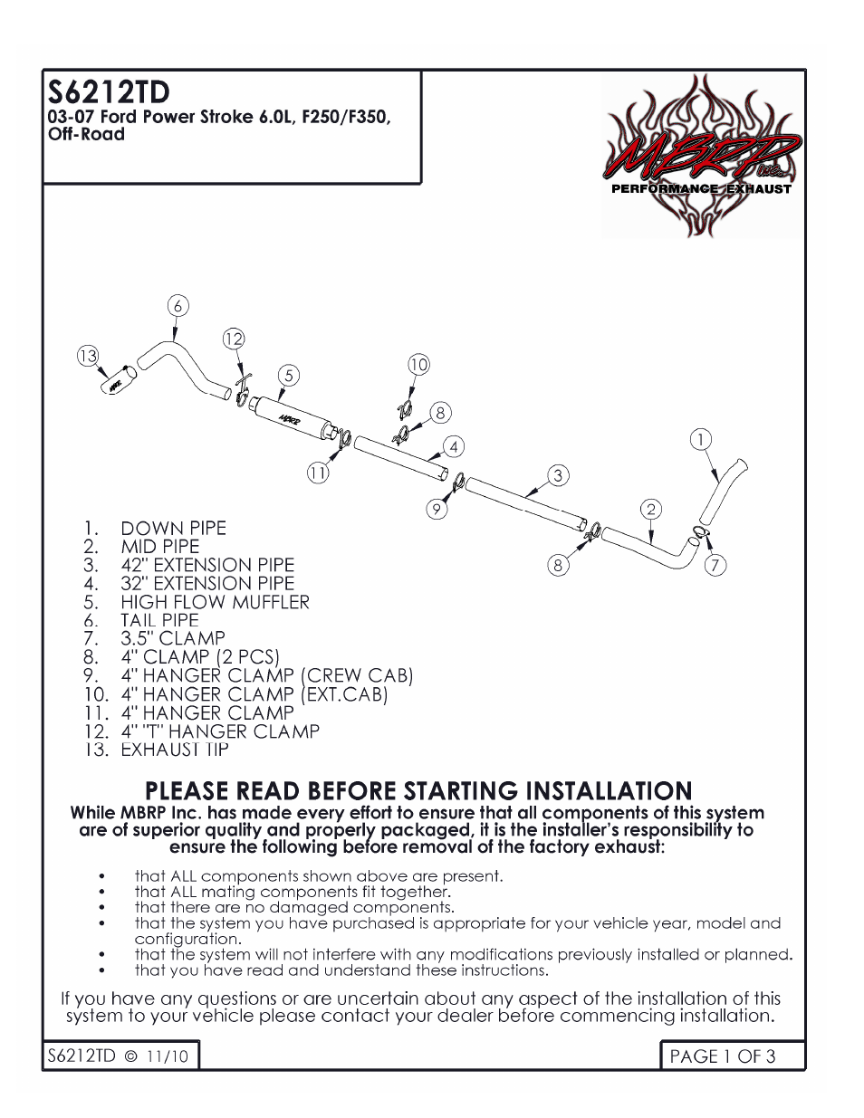 MBRP S6212TD User Manual | 3 pages