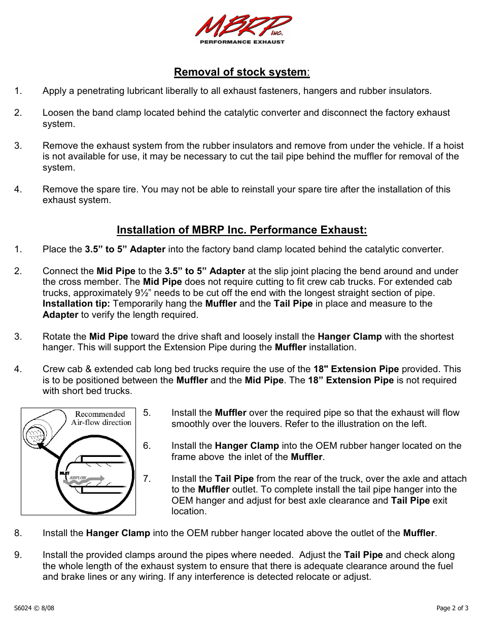 Removal of stock system, Installation of mbrp inc. performance exhaust | MBRP S6024 User Manual | Page 2 / 4