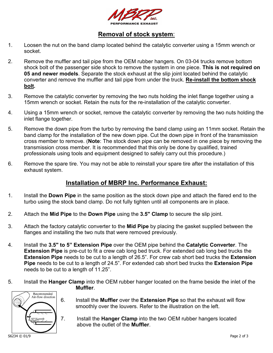 Removal of stock system, Installation of mbrp inc. performance exhaust | MBRP S6234 User Manual | Page 2 / 3