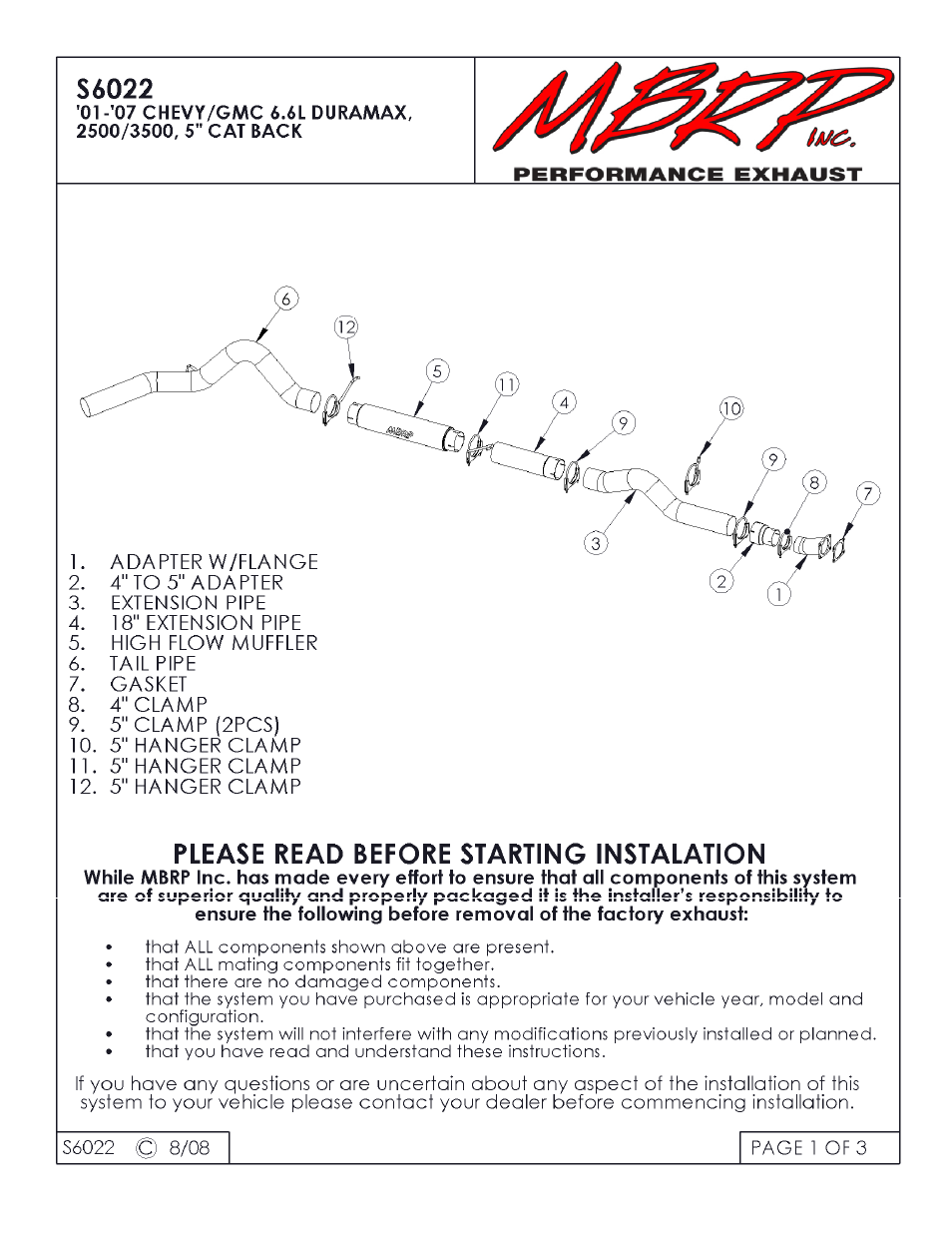 MBRP S6022 User Manual | 3 pages