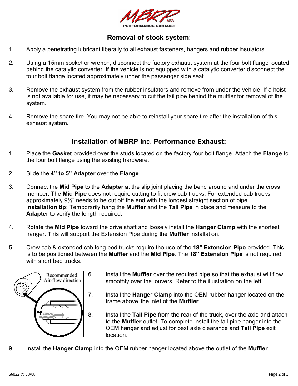 Removal of stock system, Installation of mbrp inc. performance exhaust | MBRP S6022 User Manual | Page 2 / 3