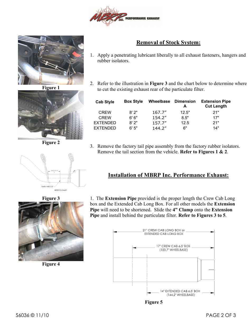 Removal of stock system, Installation of mbrp inc. performance exhaust | MBRP S6036 User Manual | Page 2 / 3