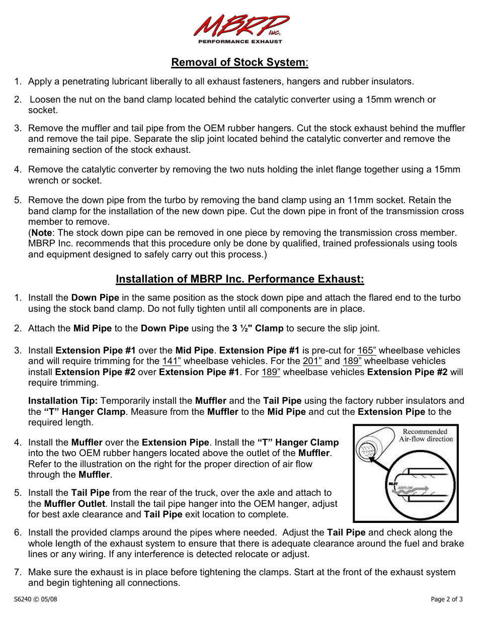 Removal of stock system, Installation of mbrp inc. performance exhaust | MBRP S6240 User Manual | Page 2 / 3