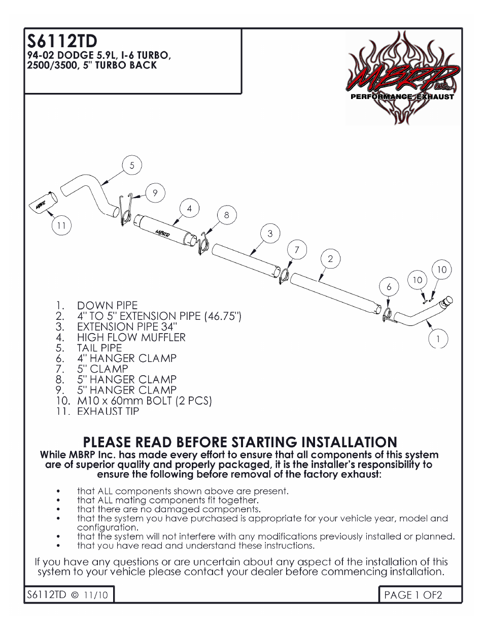 MBRP S6112TD User Manual | 2 pages